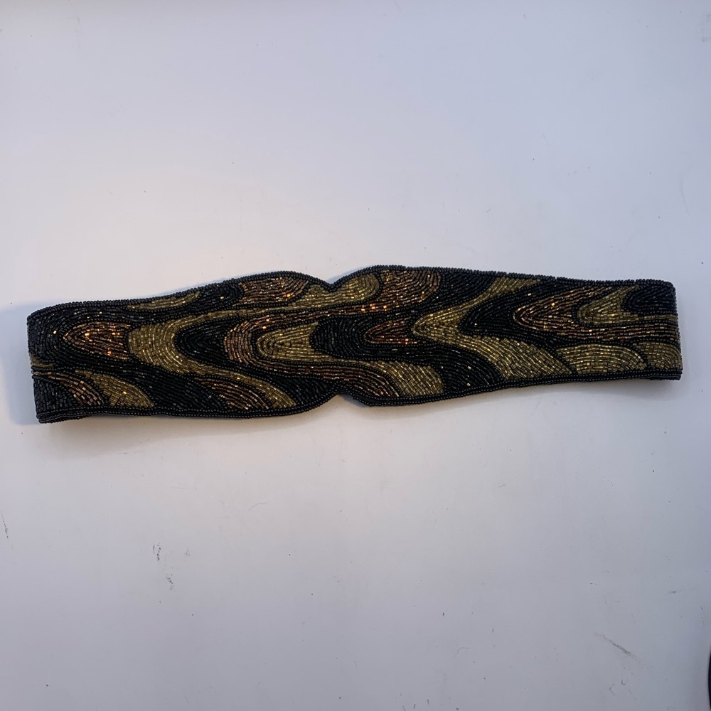 Vintage 80's Beaded Belt. Copper, Gold, & Black.  28”-29”  hook & loop